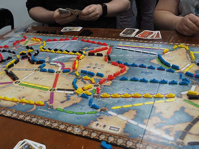 A four-player game of Ticket to Ride near the end of the game