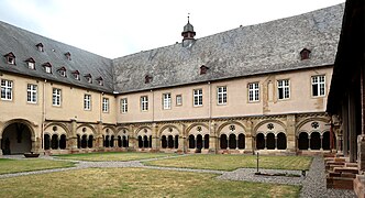 West wing and part of the south wing of the cloister of St. Matthias Abbey, Trier, Germany.