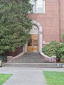 Detailed view of the front entrance of Condon Hall, on the University of Oregon campus in Eugene, Oregon.