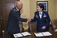 Maj. Gen. Armagno shakes hands with Maj. Gen. Agner Rokos of Denmark before signing a memorandum of understanding at the 34th Annual Space Symposium on April 17, 2018. USSTRATCOM, Denmark sign space agreement (4342274).jpeg