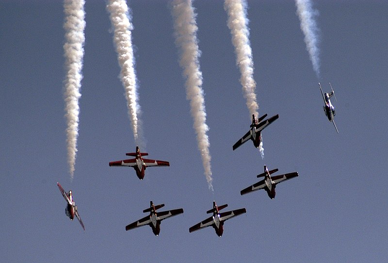 File:US Navy 040514-N-0295M-013 The Canadian Forces air demonstration team, Snowbirds, prepare to separate from each other as they dive towards show center at the 2004 Joint Service Open House.jpg