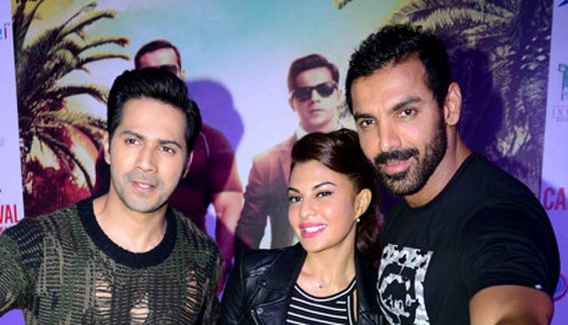 Varun Dhawan, Jacqueline Fernandez and Abraham during Dishoom promotions in 2016