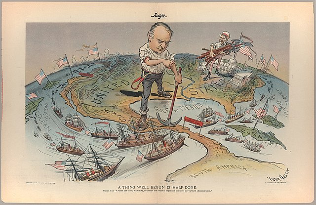 This cartoon reflects the view of Judge magazinen regarding America's imperial ambitions following McKinley's quick victory in the Spanish–American Wa
