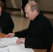 Vladimir Putin voting in the election Vladimir Putin 2 March 2008-3 (cropped).jpg