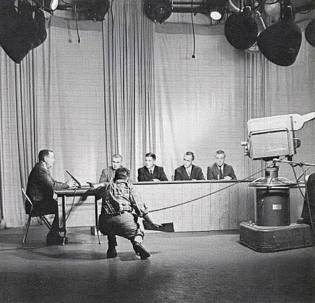 On set of Face the People, WPDU's weekly television show broadcast during the late 1950s and early 1960s on WQED WPDU 1959Owlpg239.jpg