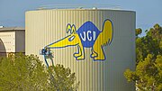 The UC Irvine water tower, with the official cartoon depiction of Peter the Anteater