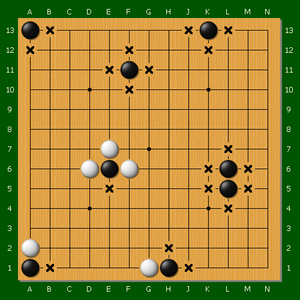 English: weiqi-qi (go-qi) 中文: 圍棋的氣（以黑子為例說明，圖中 ...