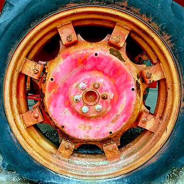 Wheel on vintage tractor, Leaside, Ontario