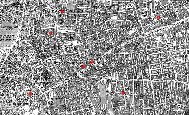 The sites of the first seven Whitechapel murders – Osborn Street (centre right), George Yard (centre left), Hanbury Street (top), Buck's Row (far righ