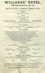 Willard Hotel's menu on February 20, 1861