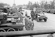 Winston Churchill, accompanied by Field Marshal Sir Bernard Montgomery and Field Marshal Sir Alan Brooke, inspects tanks of 7th Armoured Division in Berlin, 21 July 1945