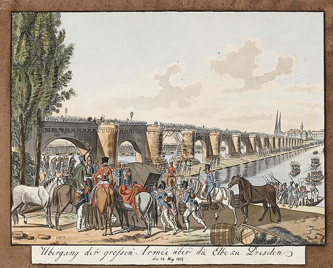 Übergang der großen Armée über die Elbe zu Dresden den 14 May 1813; Aquarell auf Papier. 21,3 x 26,5 cm. (das 14. Corps der französischen Armee unter Leitung des Marschalls Laurent de Gouvion Saint-Cyr überquert die Elb-Brücke). etwa 1813. Urheber "D. Yberg" (wohl Dominik Abyberg (1790-1848).