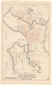 Map of the Puget Sound Traction, Power & Light Company's Seattle division in 1914, five years before taken over by the Seattle Municipal Street Railway 1914 map of Puget Sound TLP Seattle Division.png