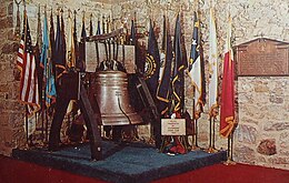 The Liberty Bell Museum in Allentown, Pennsylvania commemorates the successful hiding of the Liberty Bell from British troops in Allentown's Zion Church of Christ from 1777-1778. 1962 - Liberty Bell Shrine.jpg