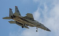 A US Air Force F-15C Eagle, tail number 83-0046, on final approach at Kadena Air Base in Okinawa, Japan