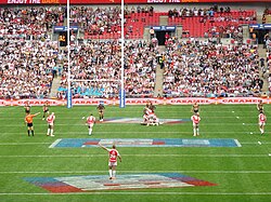 The 2023 Challenge Cup Final between Hull Kingston Rovers and Leigh Leopards underway at Wembley Stadium.