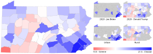 A comparison of results between Biden and Trump 2024 Pennsylvania presidential primary Biden vs Trump results by county map.svg