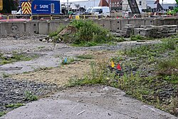 Mystery red, yellow and blue flags installed by construction crews just off the A63, Kingston upon Hull.