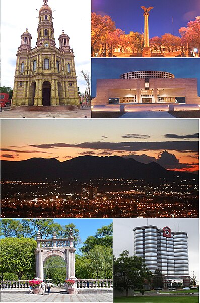 Clockwise from top: San Antonio de Padua Church, La Exedra (main square), Aguascalientes Opera House, Cerro del Muerto, Plaza Bosques Tower and the Sa