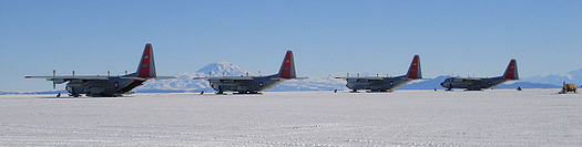 Four US Air Force Hercules aircraft at Williams Field, Antarctica