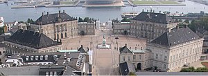 Amalienborg Palace, the monarch's principal residence. Amalienborg from top of church cropped.jpg