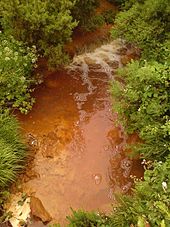 A stream in the town of Amlwch, Anglesey which is contaminated by acid mine drainage from the former copper mine at nearby Parys Mountain AngleseyCopperStream.jpg