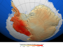 Temperature trends in West Antarctica (left) have greatly exceeded the global average; East Antarctica less so. AntarcticaTemps3 1957-2006.png