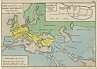 In blue, the Arab Empire in its greatest extent and in yellow the four Christian empires. Arabic ascendency 1884.jpg