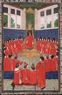 Chapter of the Order of the Golden Fleece presided over by Charles the Bold in Valenciennes, 1473 Assembly of the Order of the Golden Fleece presided over by Charles the Bold.jpg