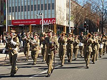 The Australian Army Band Corps, Canberra, 2013. Australian Army band at the No 28 Squadron RAAF freedom of the city parade August 2013.jpg