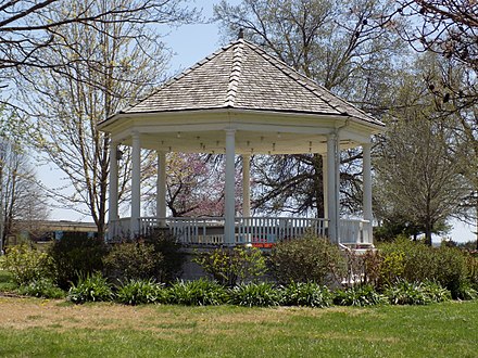 The small bandstand gazebo located on the Haskell Indian Nations University (2018). It was constructed in 1908 and is on the National Register of Historic Places.