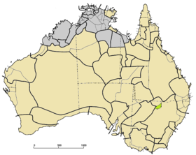 Přibližná mapa rozšíření jazyka na mapě Austrálie (světle zeleně)