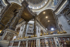 Details of the ceiling, dome and Bernini Baldacchino or Baldaquin at St Peter's Basilica or Basilica di San Pietro, Rome, Italy