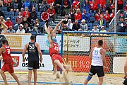 Deutsch: Beachhandball Europameisterschaften 2019 (Beach handball Euro); Tag 6: 7. Juli 2019 – Spiel um Platz Drei, Männer, Ungarn-Russland 2:0 (26:20, 23:22) English: Beach handball Euro; Day 6: 7 July 2019 – Men's Bronze Medal Match – Hungary-Russia 2:0 (26:20, 23:22)