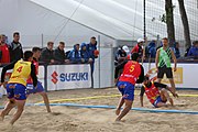 Deutsch: Beachhandball Europameisterschaften 2019 (Beach handball Euro); Tag 3: 4. Juli 2019 – Männer, Hauptrunde Gruppe I, Dänemark-Spanien 2:0 (23:20, 29:22) English: Beach handball Euro; Day 3: 4 July 2019 – Men Main Round Group I – Denmark-Spain 2:0 (23:20, 29:22)