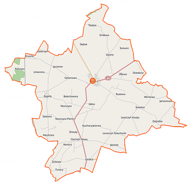 Mapa konturowa gminy Bielsk, w centrum znajduje się punkt z opisem „Kościół Świętego Jana Chrzciciela”