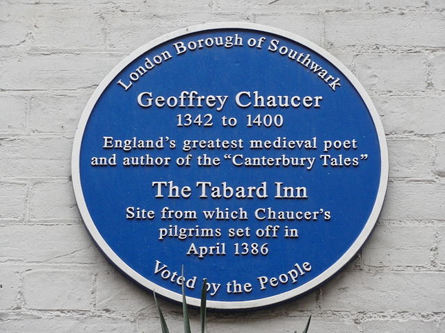 Blue plaque at the site of the Tabard inn in Southwark, London where in 1386 the pilgrims in The Canterbury Tales set off to visit Canterbury Cathedra
