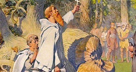 Boniface bears his crucifix after felling Thor's Oak in Bonifacius (1905) by Emil Doepler