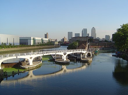 Bow Creek (tidal) meets the Limehouse Cut (canal) with a view of London's Docklands
