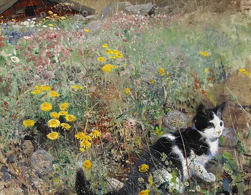 Bruno Liljefors - Cat on flowerbed 1887
