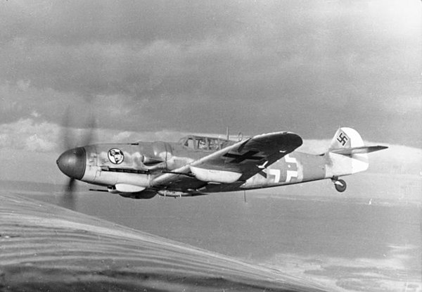 A Bf 109G-6 of the WW II Luftwaffe's JG 27 in Reichsverteidigung service, armed with two MG 151/20 underwing gun pods
