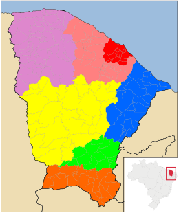  Mesorregiões (7) #   Centro-Sul Cearense #   Jaguaribe #   Metropolitana de Fortaleza #   Noroeste Cearense #   Norte Cearense #   Sertões Cearenses #   Sul Cearense 