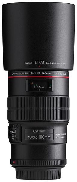 File:Canon EF 100mm f2.8L Macro IS USM front horizontal with hood.jpg