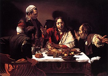 Le souper à Emmaüs entre le Christ et les deux pèlerins qui le croient mort, par le peintre Le Caravage en 1601.