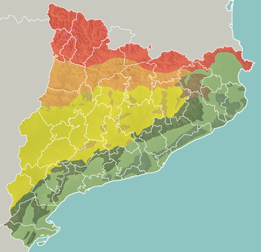 Geomorphologic map of Catalonia (The green Southern Zone extends 80 km further south into the Valencian community):
.mw-parser-output .legend{page-break-inside:avoid;break-inside:avoid-column}.mw-parser-output .legend-color{display:inline-block;min-width:1.25em;height:1.25em;line-height:1.25;margin:1px 0;text-align:center;border:1px solid black;background-color:transparent;color:black}.mw-parser-output .legend-text{}
Pyrenees
Pre-Pyrenees
Catalan Central Depression
Smaller mountain ranges of the Central Depression
Catalan Transversal Range
Catalan Pre-Coastal Range
Catalan Coastal Range
Catalan Coastal Depression and other coastal and pre-coastal plains Catmorfo.png