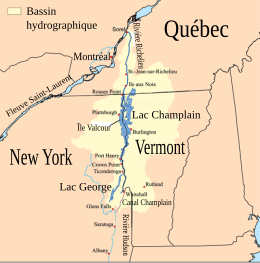 Mapa geográfico para localizar o Lago Champlain no centro de Vermont.