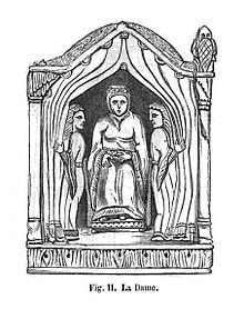 Illustration of a queen (French: La Dame) from the Charlemagne chessmen, when she had the move of a ferz Charlemagne-Dame.jpg