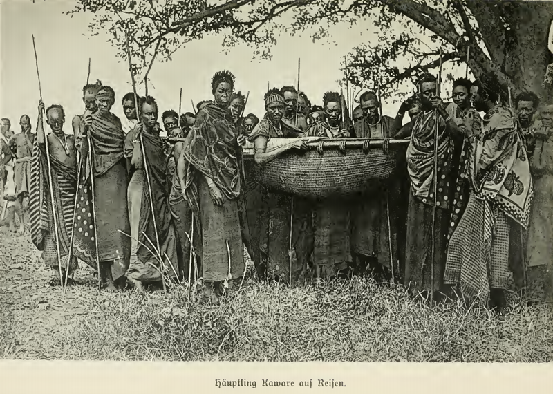 Tutsi chief carried in a traditional basket. Details in text. 