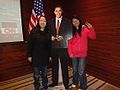 Prior to the town hall watch party at the U.S. Embassy in Beijing, students lined up to take their picture with a cardboard cut-out of the President.