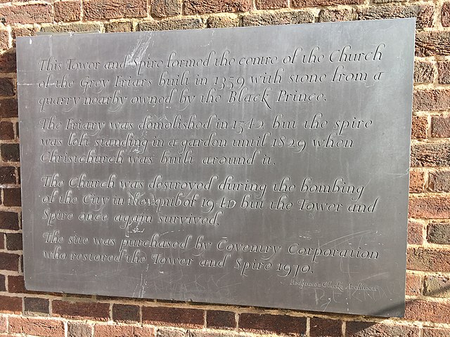 Image: Christchurch Spire Coventry plaque 2 Feb 2020